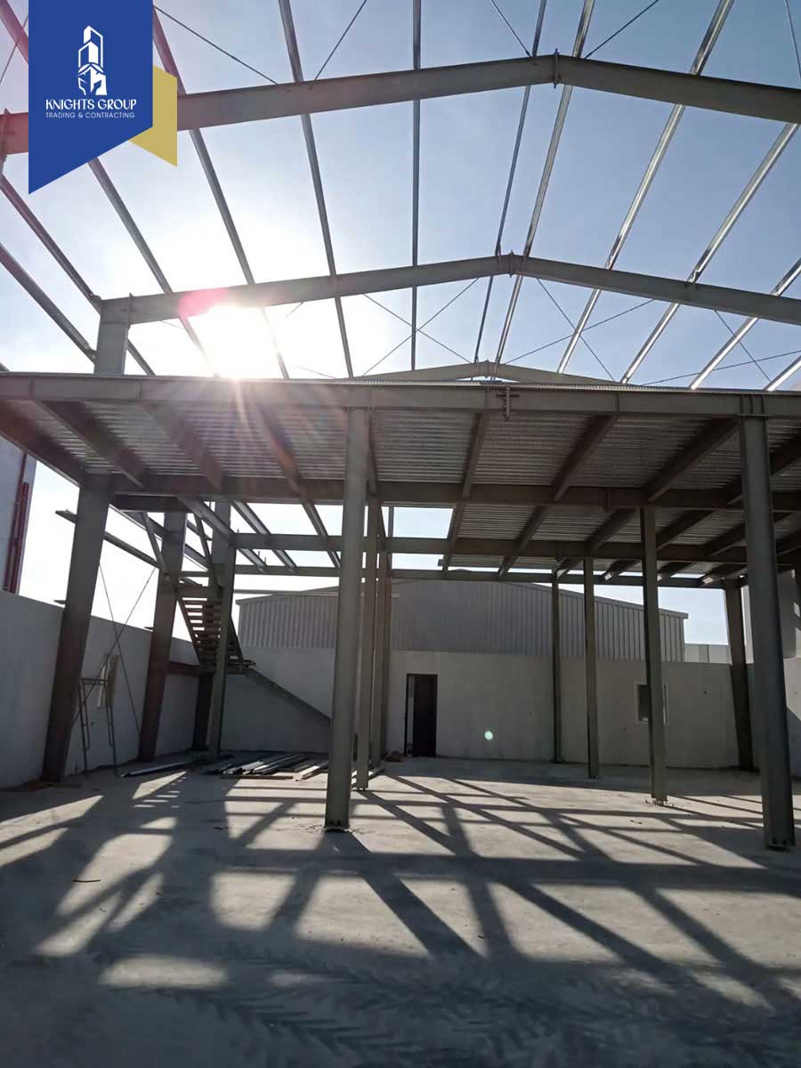 Steel structure storage facility under construction in Birkat Al Awamer.